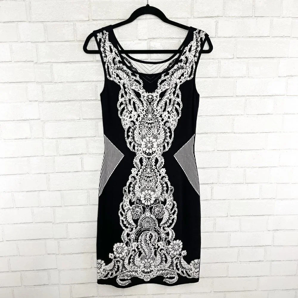 Yoana Baraschi Black & White Bodycon Sleeveless Knit Dress Women's Size Medium